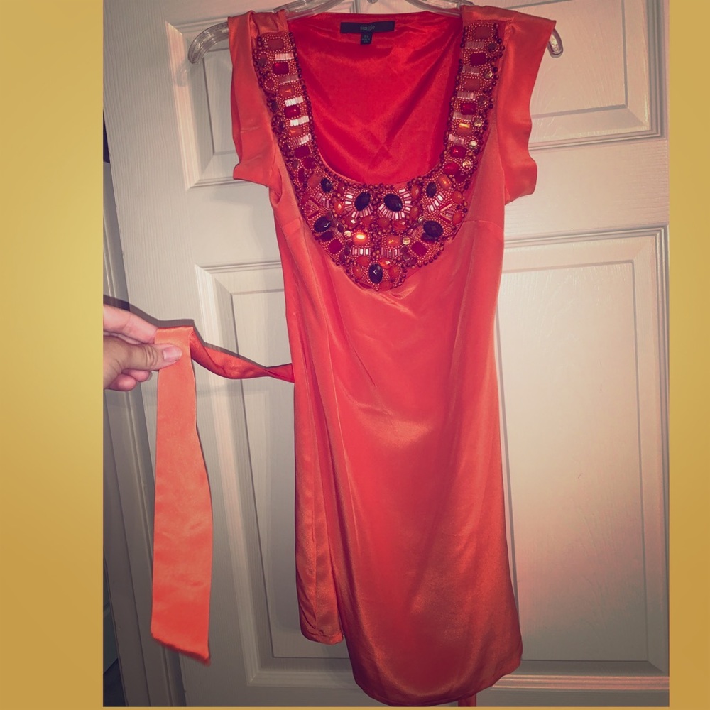 Single Brand Orange Silk Dress with belt and beads